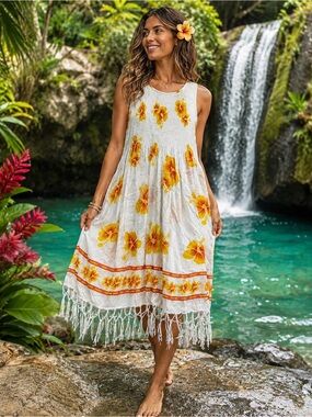 Bali Chic Women’s White Sundress with Yellow Hibiscus Floral Print and Fringe OS